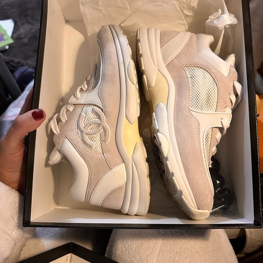 CHANEL Cream and White Sneakers